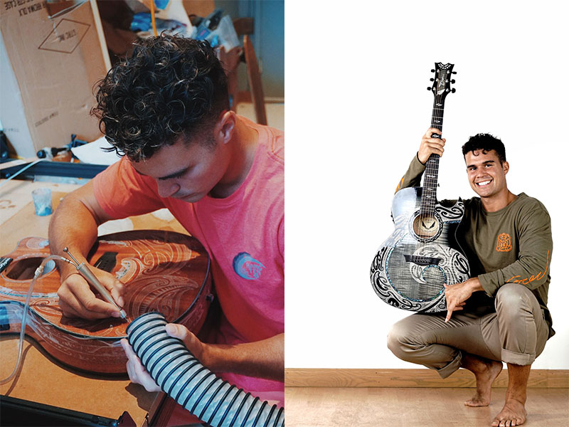 Young man etching a Polynesian design onto an acoustic guitar
