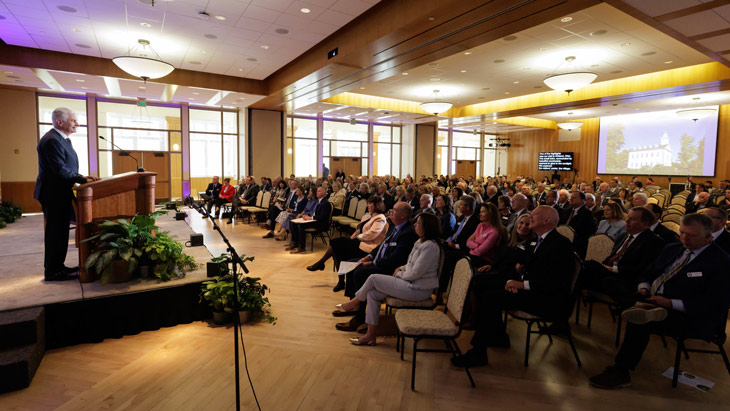 Bishop Causse speaking at the 2025 Spring BYU PLC meeting