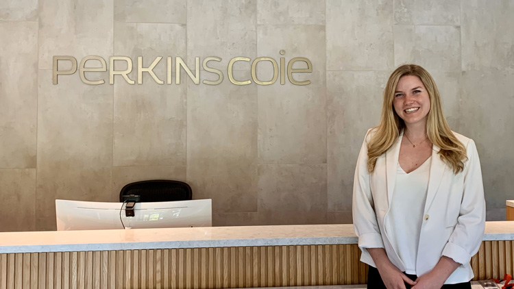 Eliza Driggs in the lobby of startup business Perkinscoie