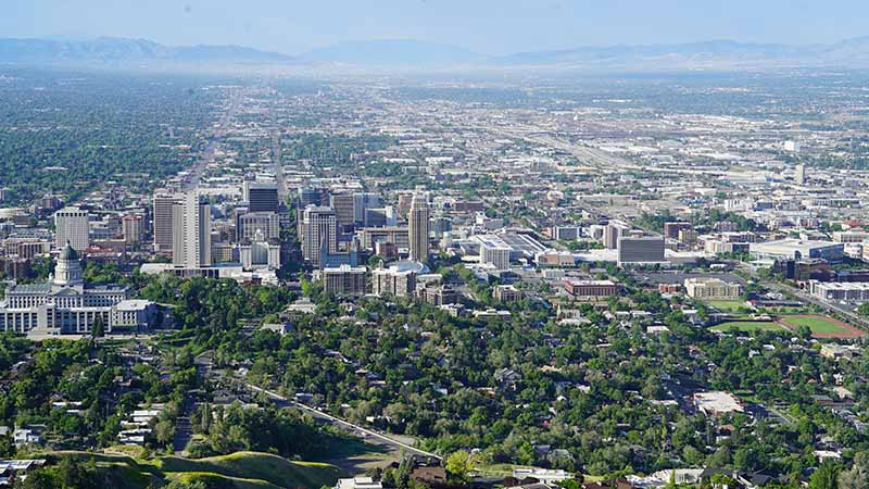 Overview of downtown Salt Lake City with Ensign College’s location shown. 