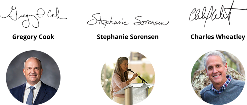 Portrait images of three chairs of the BYU PLC, their names, and their signatures, Gregory Cook, Stephanie Sorenson, and Charles Wheatley
