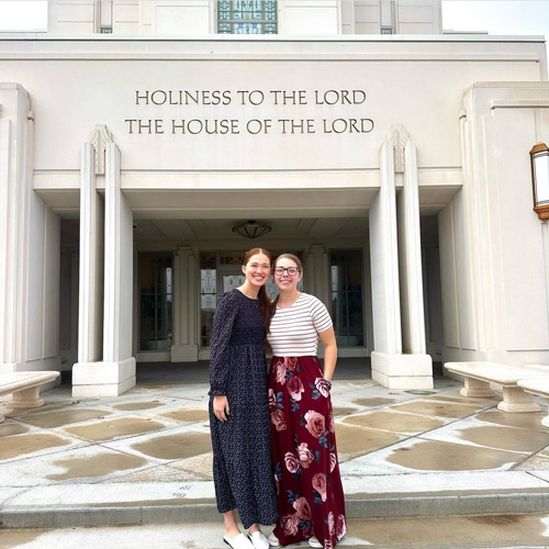 Reagan Vehar and her friend outside a temple of The Church of Jesus Christ of Latter-day Saints