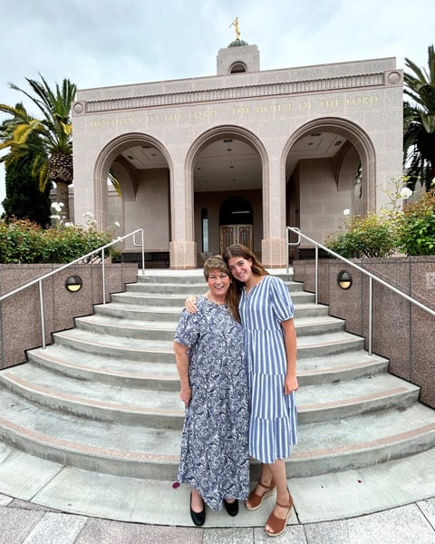 Alli Barlow with her mother outside an LDS temple