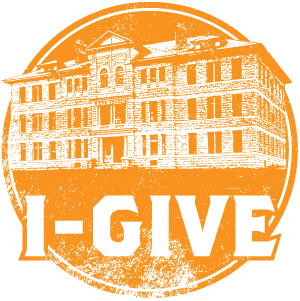 I-Give orange logo featuring the Spori building