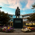 Statue of Brigham Young at sunset.