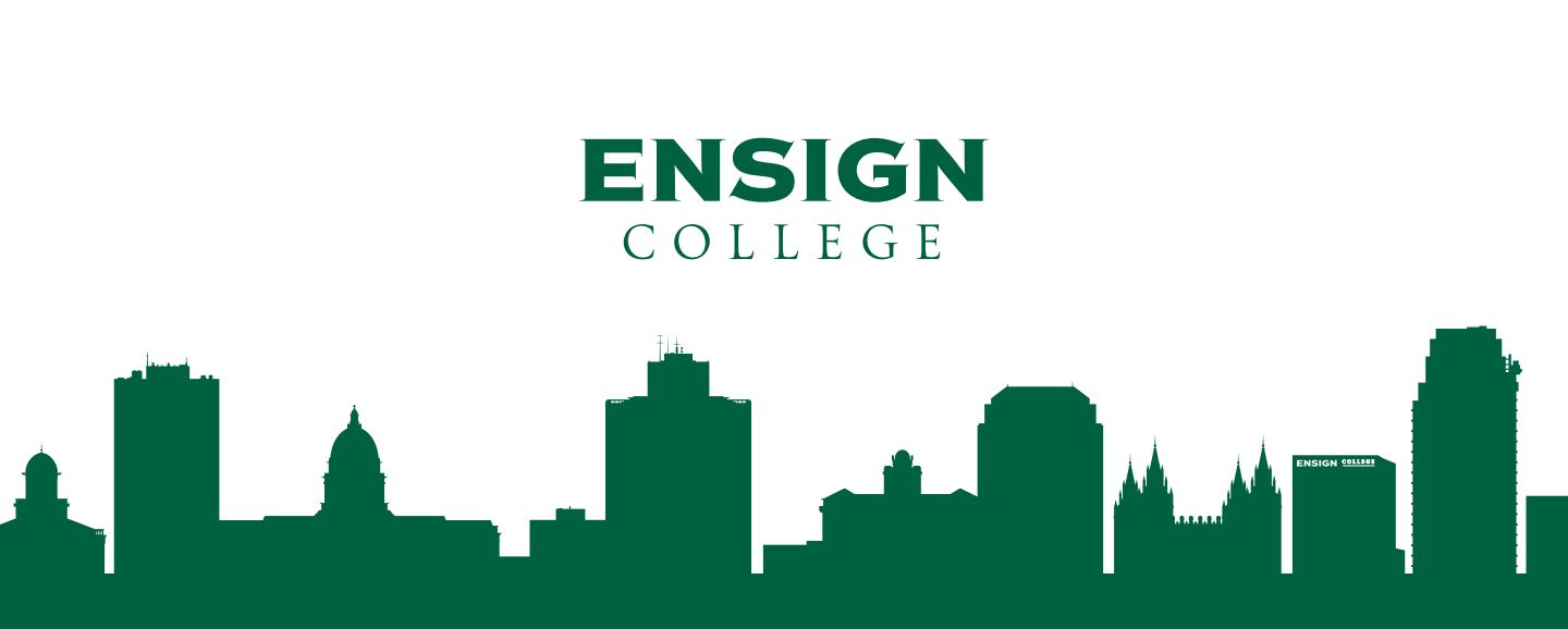 Green illustration of the Salt Lake City skyline with the Ensign College logo above