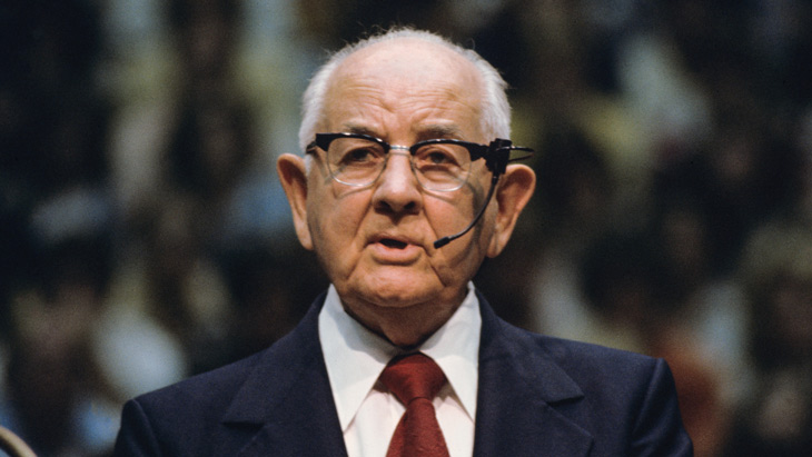 President Kimball giving a speech at BYU in 1975