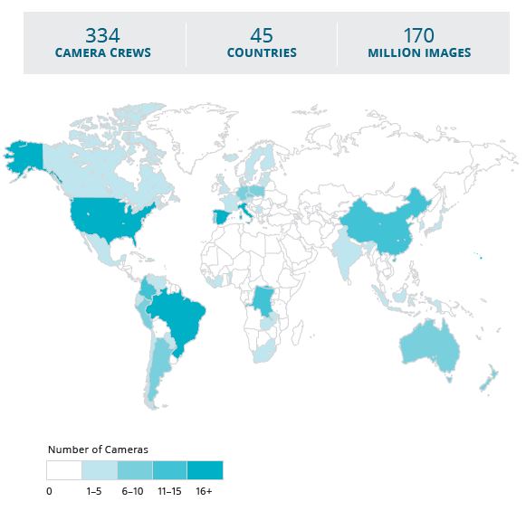 map of world showing graphically how many camera and crews are used around the world to digitize family records