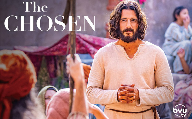 A promo photo with a title “The Chosen” showing an actor playing Jesus. 