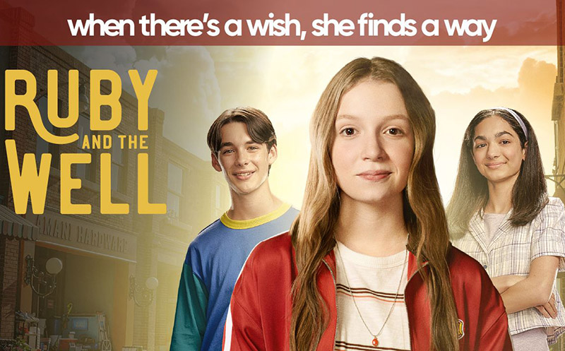 A promo photo with a title “Ruby at the Well” showing three teen actors